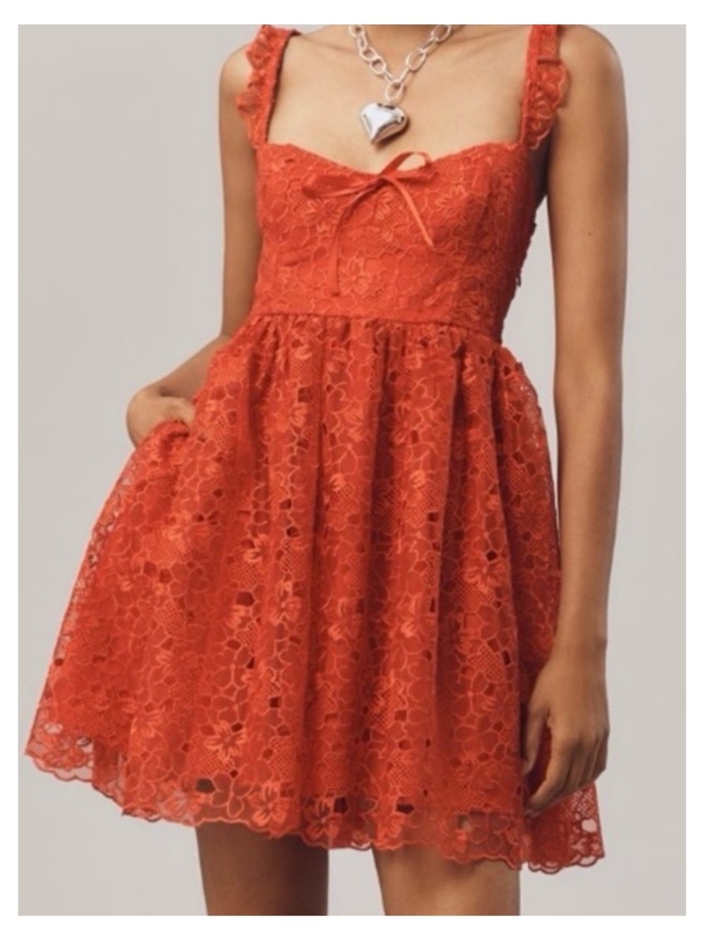 NWT Anthropologie Ruffle-Strap Corset Lace Mini Dress in Lipstick Red